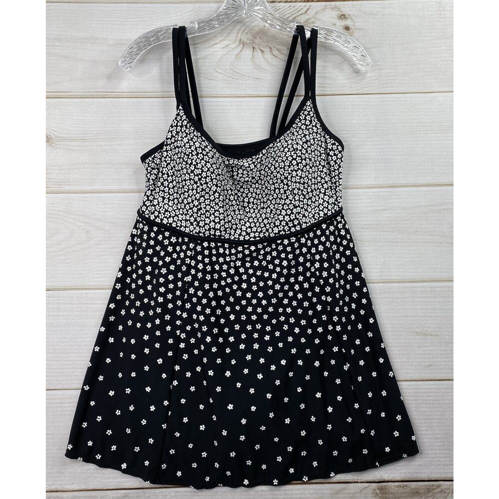 Le Cove 16W One Piece Black Micro Floral Swim Dress Swimsuit Strappy Slimming